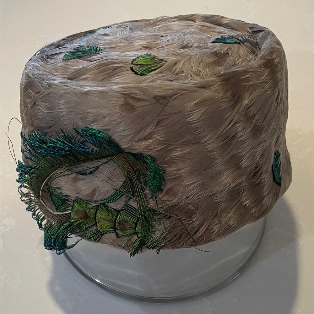1960s Elegant Feathered Pill Box handmade  Hat with Green Accents